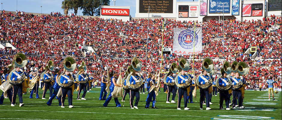 The UCLA marching band performing at the Rose Bowl
