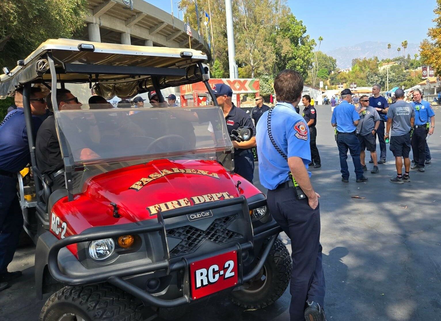 EMS Reserve members, Pasadena firefighters, and a Red Cross volunteers at the Rose Bowl with Rescue Cart 2